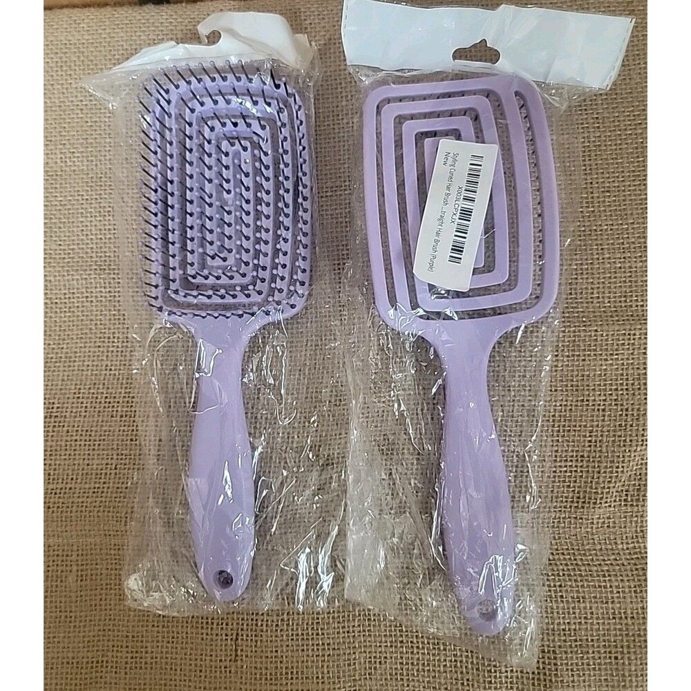 Pair Of Styling Curved Hair Brush Detangler Scalp Curly Straight Hair Purple New